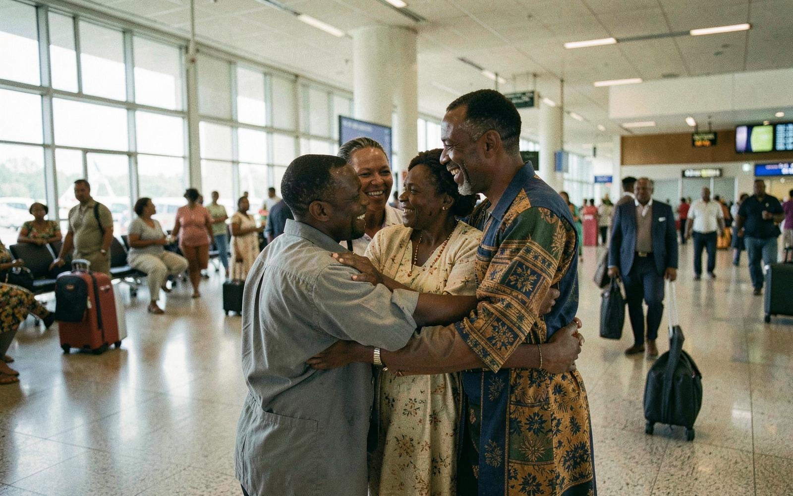 A family greeting a relative arriving at an international airport