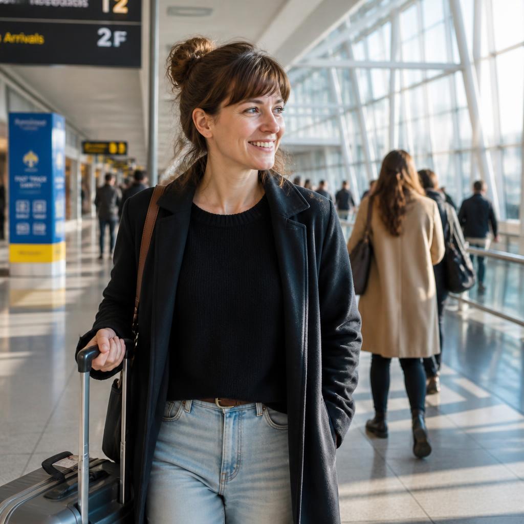 A traveler heading to Europe with her suitcase